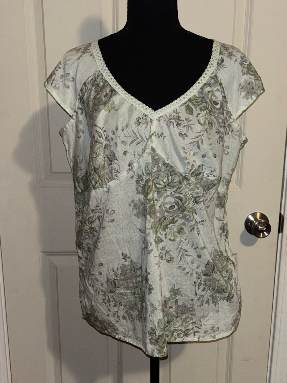 Floral V-Neck Cap Sleeve Blouse in Sage Green and White 100%Cotton